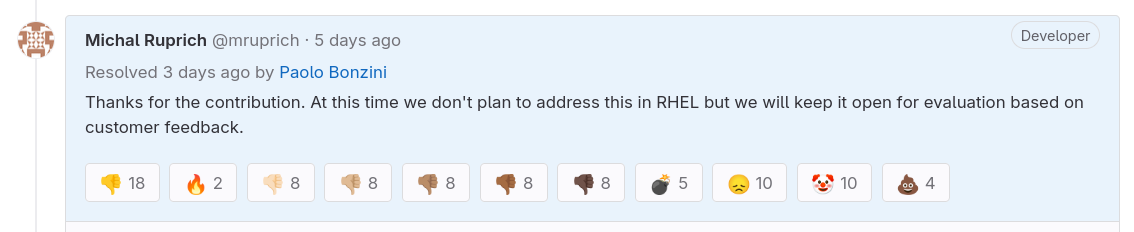 There's <a href=5.html#note_1476778724">more to this pull request refusal</a>, but you can see some friction in the early days of the "We'll work in CentOS Stream" era.